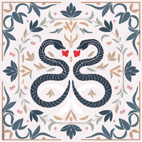Seamless tattoo-inspired pattern: snakes wrapped around flowers, bold outlines, high detail, black ink style.
