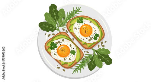 Delicious avocado toast with fried egg and fresh greens served on a white plate for a healthy breakfast option.