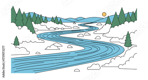 A picturesque river winds its way through a serene winter landscape with snow-covered trees and a bright sun.