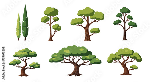 A collection of various stylized trees with green foliage and brown trunks.