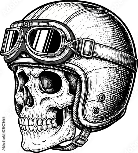 Intense skull wearing vintage motorcycle helmet and goggles, symbolizing daring adventure and edgy rebellion in striking black and white.
