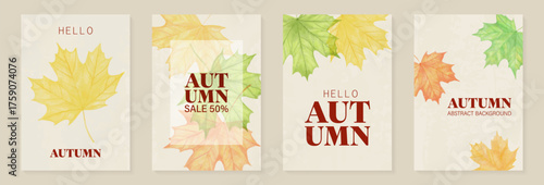 Autumn background design with watercolor brush texture maple leaves watercolor hand drawing. Abstract art wallpaper design background greeting cards and invitations to the seasonal autumn holidays