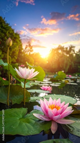 Pink Lotus Flowers at Sunset - A Serene Pond Scene.