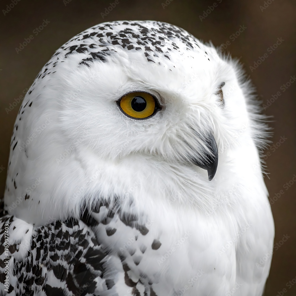 Fototapeta premium Close-up profile captures a majestic owl with striking yellow eyes, white feathers, and dark speckled markings. Bokeh background