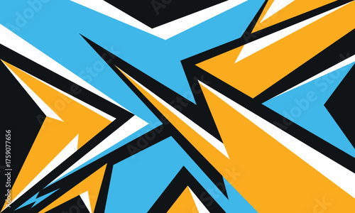 Dynamic abstract speed background with sharp geometric shapes in blue, orange, black, and white for sport designs