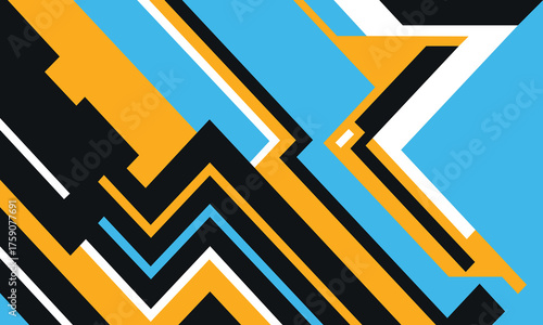 Dynamic abstract background of diagonal lines and geometric shapes in orange, bright blue, black, and white