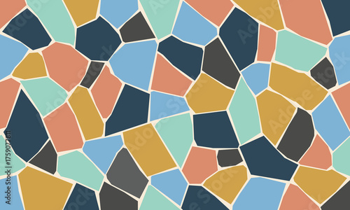 Seamless abstract mosaic or terrazzo pattern featuring irregular, shattered, or cracked tile-like shapes in a balanced, muted color palette