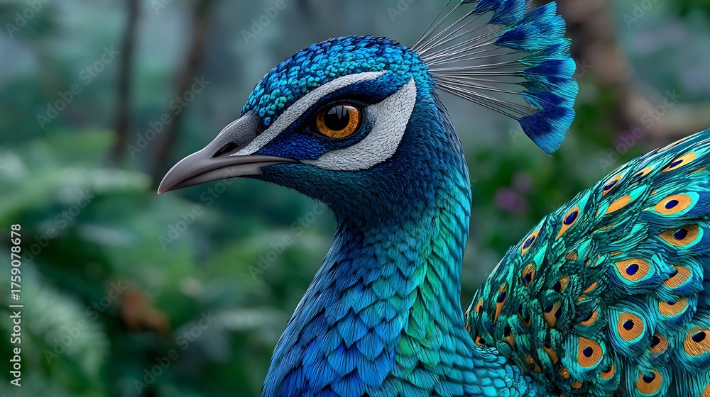 Fototapeta premium Male Peacock Displays Iridescent Tail and Eyes in Close-Up View of Nature