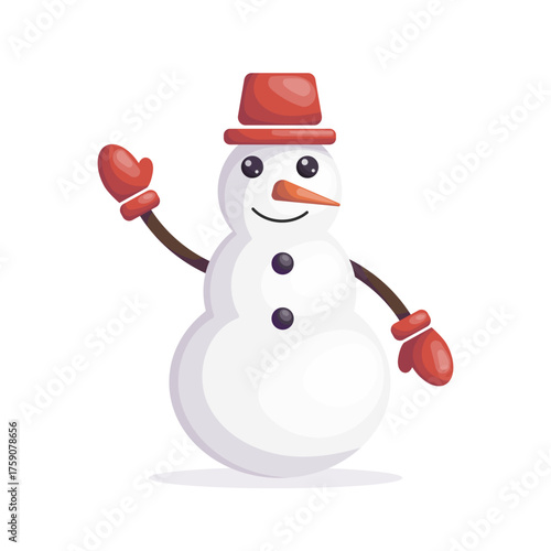 Smiling snowman in red hat and mittens perfect for Christmas cards, winter posters, kids designs and festive decorations
