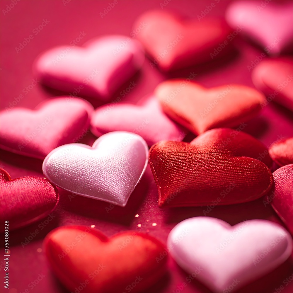 Fototapeta premium Close-up shot of various red and pink heart-shaped objects scattered on a monochromatic surface