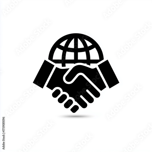 Black and white graphic icon showing a handshake with a globe above it symbolizing global partnership
