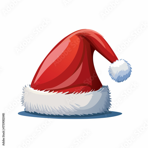 Realistic red Santa hat with white fur brim and pompom, glossy style perfect for Christmas decorations, festive backgrounds, or winter designs.