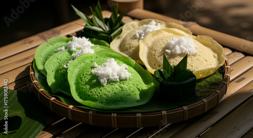 A view of Indonesian traditional pancake, kue ape, served beautifully on a bamboo table