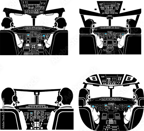 Commercial Airplane Cockpit View Black and White Silhouettes