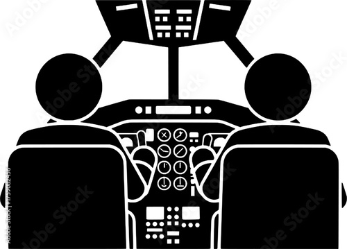 Pilot and Copilot in Commercial Airplane Cockpit Silhouette Icon