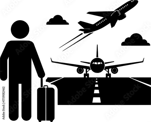 Air Travel Passenger and Commercial Airplanes on Runway Silhouette Icon