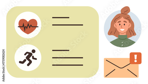 Health metrics card with heart rate and activity icons, female profile, and alert envelope. Ideal for healthcare, fitness tracking, telemedicine, notifications, personal records, user profiles
