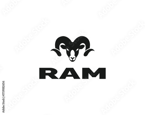 Black ram head logo with text R A M on white background animal horns 1