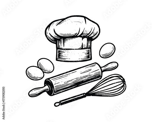 Baking Tools Chef Hat Rolling Pin Whisk Eggs Vector Illustration