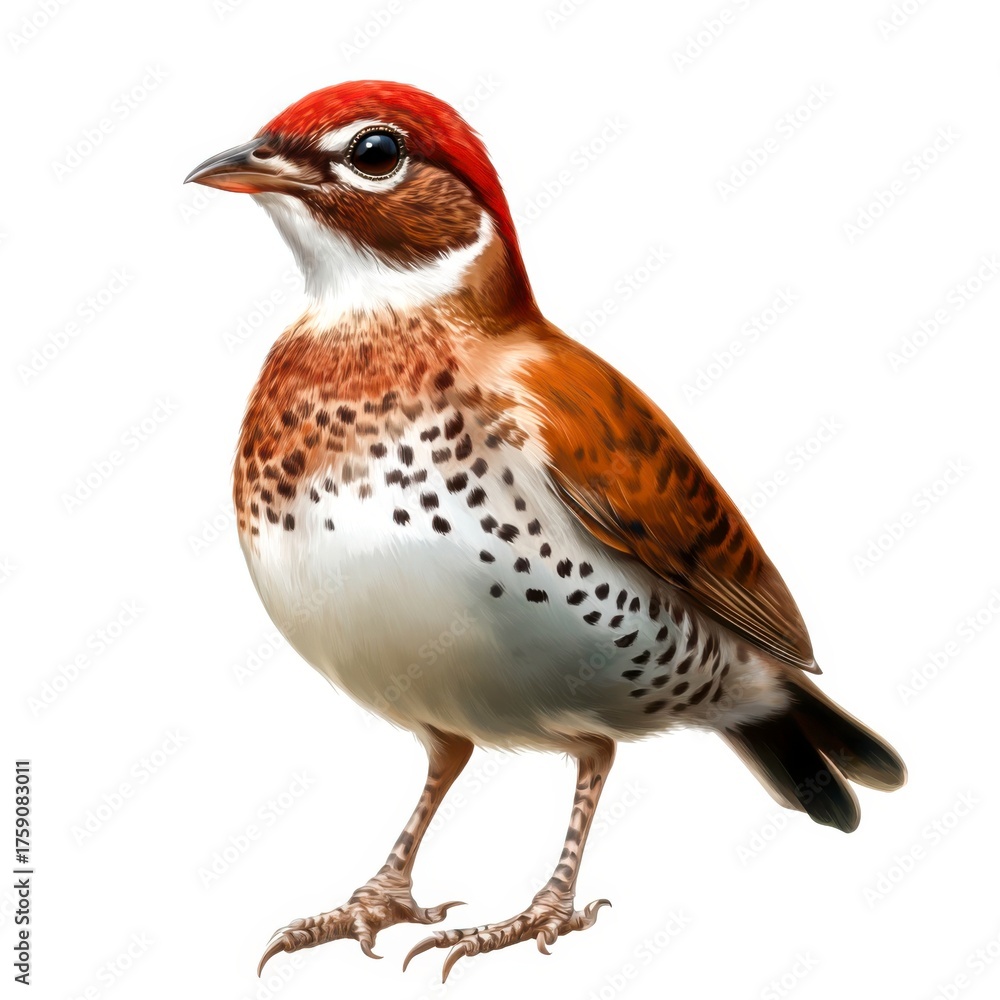 Fototapeta premium Colorful Bird with Red Cap and Speckled Chest on a White Background