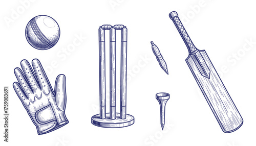 Cricket Sport Equipment Hand Drawn Set Ball Bat Stumps Glove Tee