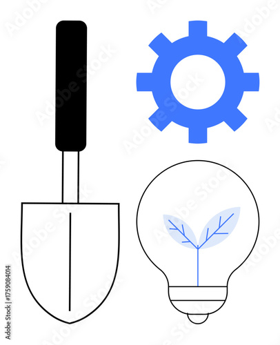 Spade, gear, and light bulb with plant sprout symbolize growth, innovation, and collaboration. Ideal for sustainable development, eco-innovation, technology, teamwork creativity agriculture