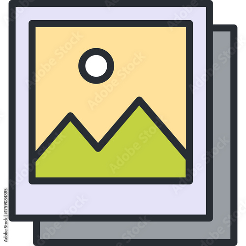 Stack of Two Framed Pictures Displaying A Landscape Scene With Mountains And Sun Under A Yellow Sky And Green Hills With A Subtle Shadow Effect On A Transparent Background