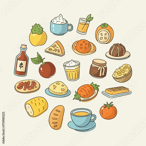 Collection of assorted food and drink items arranged in a circle.