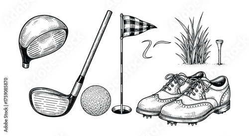 Golf Equipment Sketch Set Wood Club Ball Flag Shoes Grass Tee
