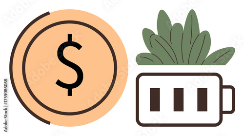 Dollar sign in an orange circle, a battery icon, and green leaves highlight sustainable energy, eco-friendly innovation, renewable energy, finance, green economy, environmental conservation, simple