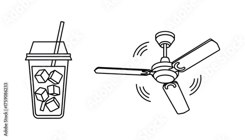 Iced Drink and Ceiling Fan Line Art Icons Summer Refreshment