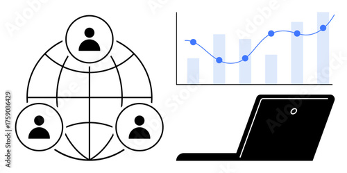 Network of connected people, growth chart with data points, and laptop. Ideal for teamwork, analytics, productivity, business growth, project management, data-driven strategies simple flat metaphor