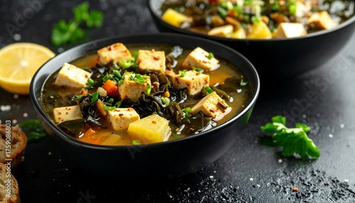 Close-up shot showcases two bowls of appetizing, savory, tofu soup with vegetables and a lemon slice