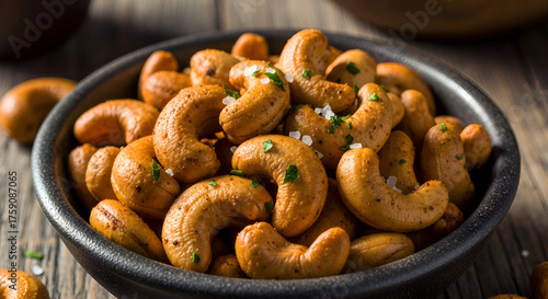 Close-up of a bowl filled with delicious roasted cashews sprinkled with salt and herbs