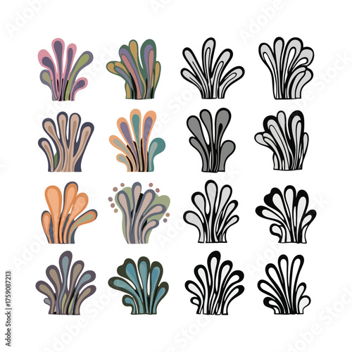 Hand drawn collection of stylized seaweed and coral illustrations.