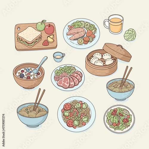 Hand drawn collection of various food dishes and meals.