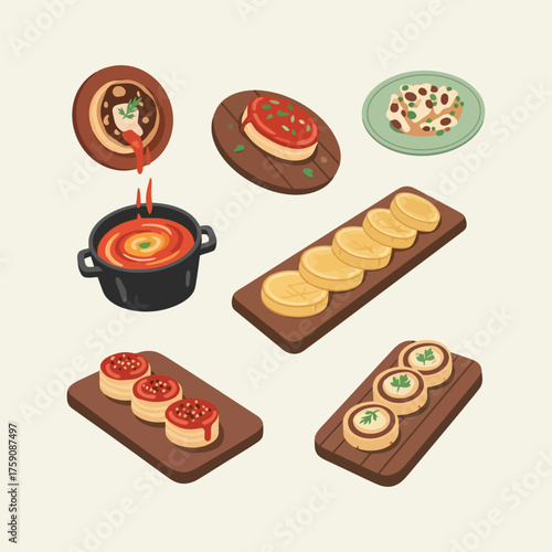 Illustrated set of various delicious appetizers and food plates.