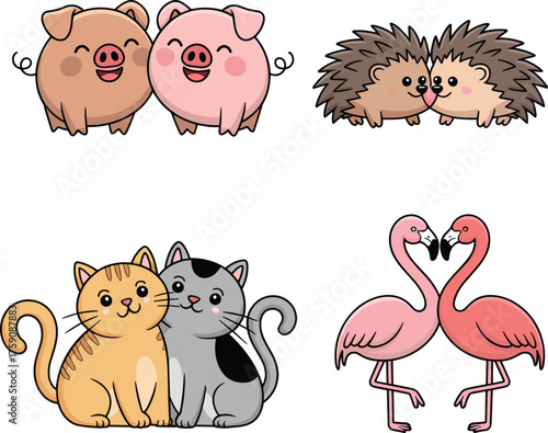 Cartoon animal couples, cute pigs, hedgehogs, cats, flamingos, love theme, affectionate poses, playful design, friendship concept, Valentine illustration, white background