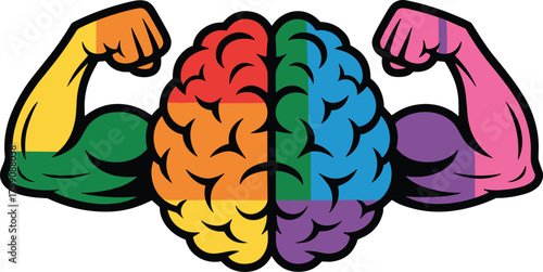 Cartoon brain power, rainbow muscle arms, mental strength concept, colorful design, creativity symbol, intelligence icon, white background, expressive illustration