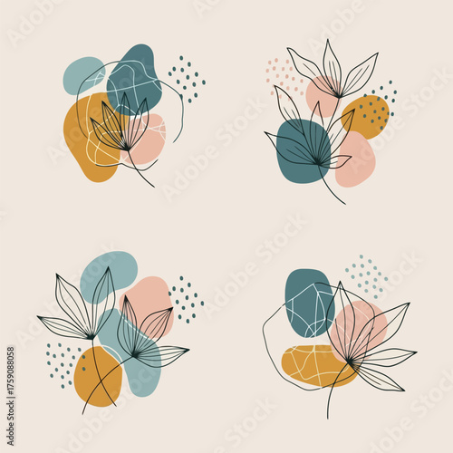 Abstract botanical line art compositions with organic shapes and muted colors.