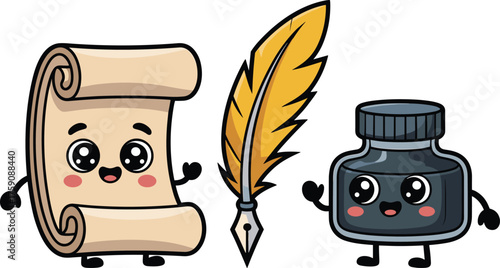 Cartoon scroll, quill, ink bottle characters, smiling faces, writing tools, educational illustration, cute design, playful concept, historical theme, white background, fun art