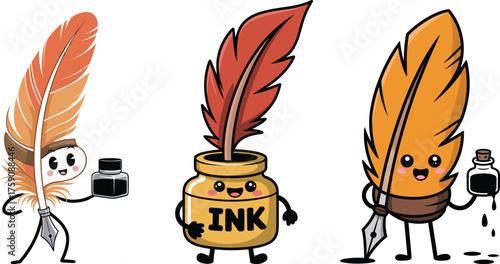 Cartoon quill pens, ink bottle characters, smiling faces, creative writing tools, educational illustration, playful design, feather pens, cute stationery, fun concept, white background