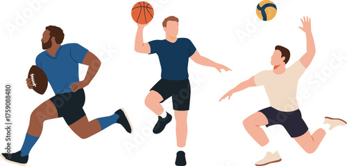 Cartoon sports characters, football, basketball, volleyball players, athletic motion, active lifestyle, fun illustration, team spirit, physical activity, white background, playful design