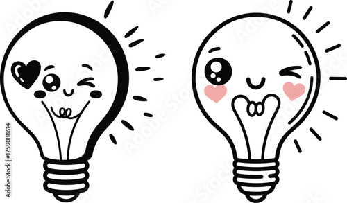 Cute cartoon light bulbs, expressive faces, heart cheeks, peace sign filament, smiling bulbs, playful design, emotional illustration, cheerful characters, bright energy, fun concept
