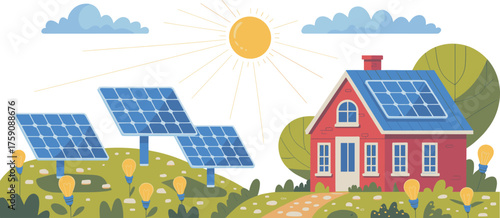 Solar powered house, renewable energy concept, cartoon landscape, sun and panels, green hills, eco-friendly design, sustainability theme, clean electricity, nature illustration, white background
