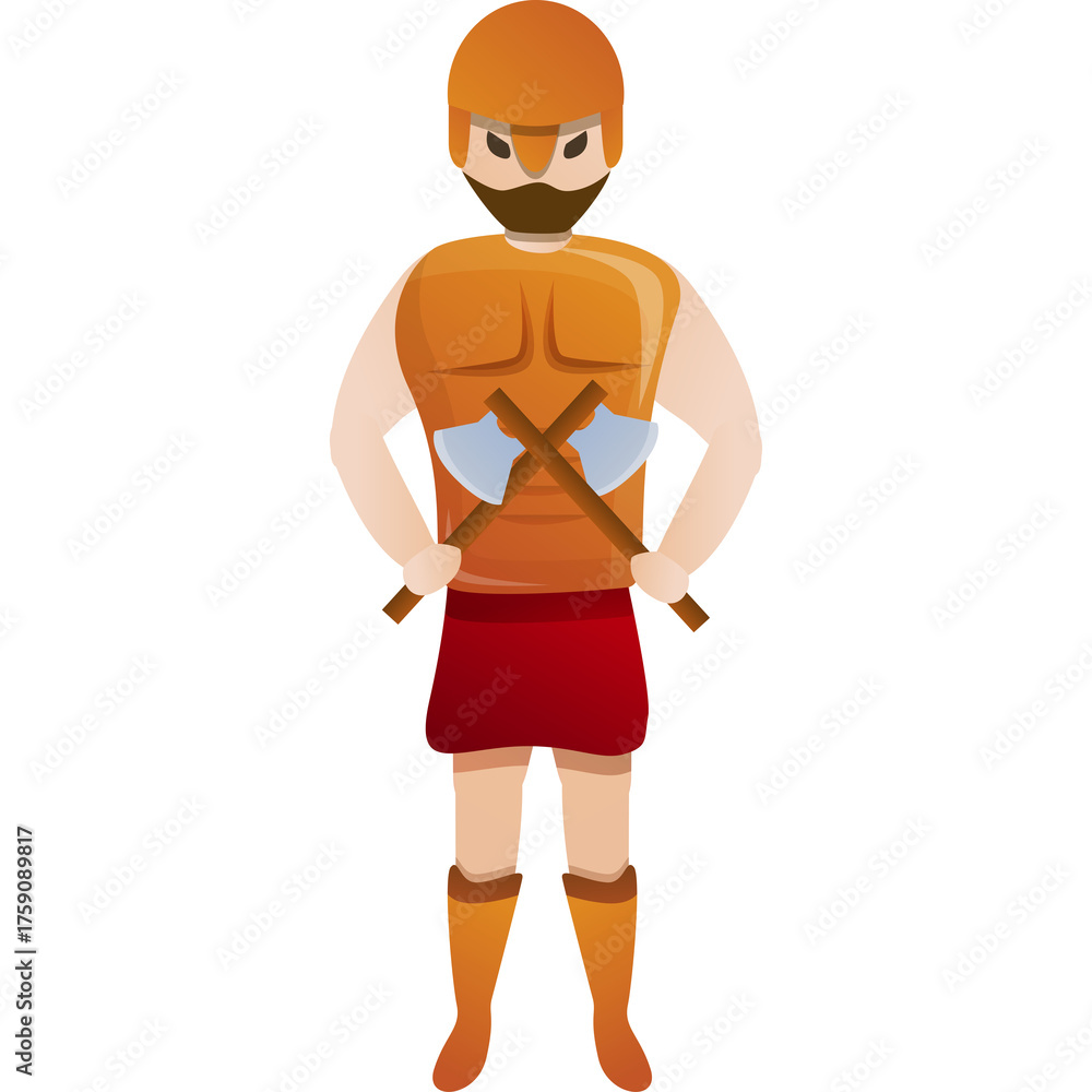 Fototapeta premium Ancient Warrior Character with Orange Armor Red Skirt and Crossed Axes on White Background Cartoon Style Illustration