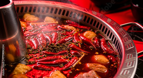 Fototapeta Naklejka Na Ścianę i Meble -  Close-up of a Sichuan Hot Pot with Red Chili Peppers and Boiling Broth