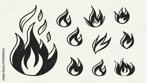 Hand drawn crayon fire flames icons collection for punk and rock styles