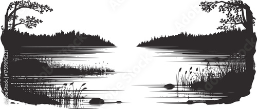 Black and white illustration of a tranquil lake scene with trees and reeds vector