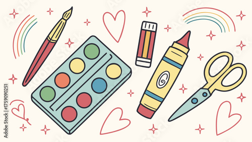 Hand drawn crayon art supplies and stationery icons for kids and artists
